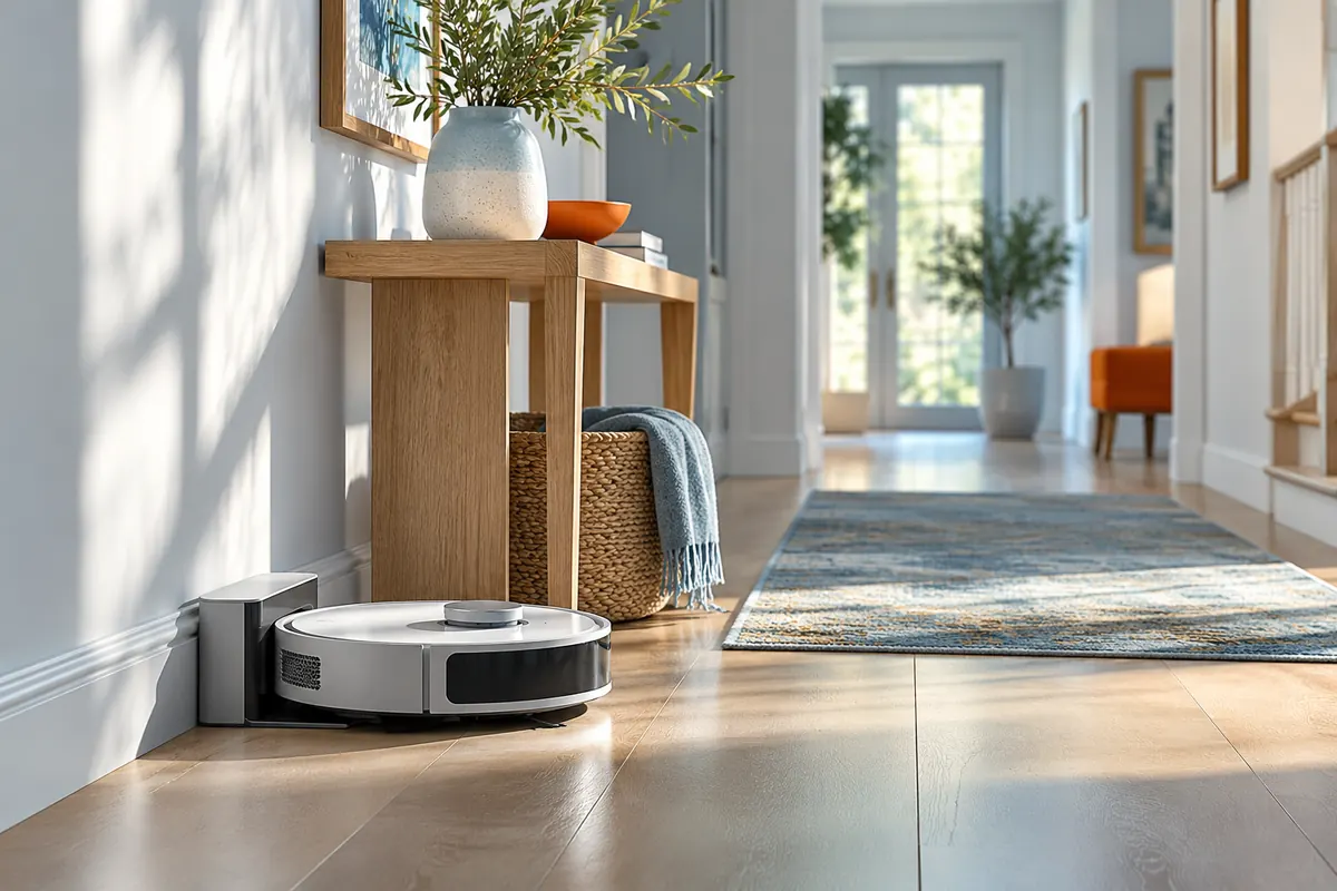 Aspirateur robot sur sa base dans un couloir, à côté d’une console avec un vase, lumière douce